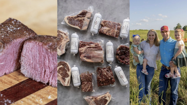 Oak Barn Beef photo showing a cooked steak, packages of meat for sale, and their family
